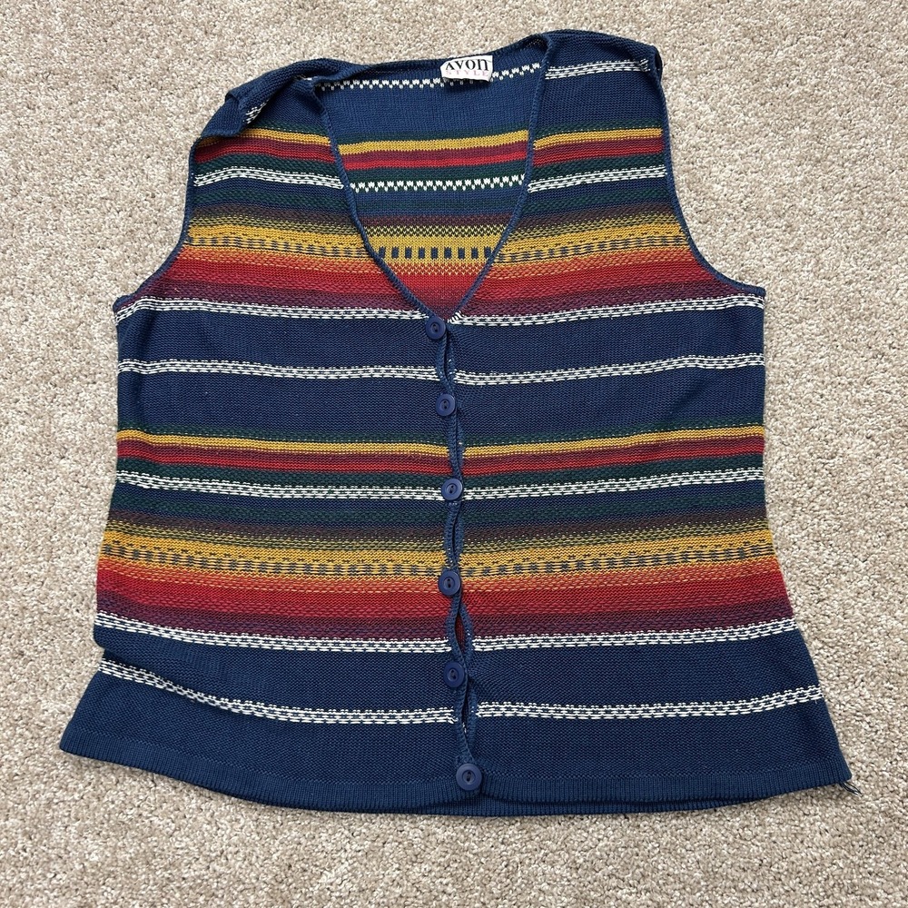 Vintage Avon Style Sweater Vest Womens Large Multicolor Striped Lightweight Knit